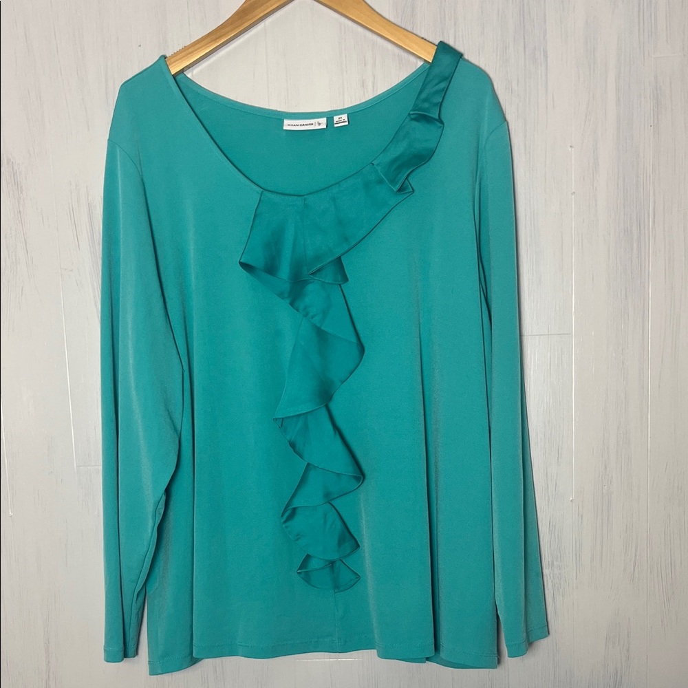 SUSAN GRAVER Liquid Knit Size 2X Turquoise Ruffle Blouse Office Feminine